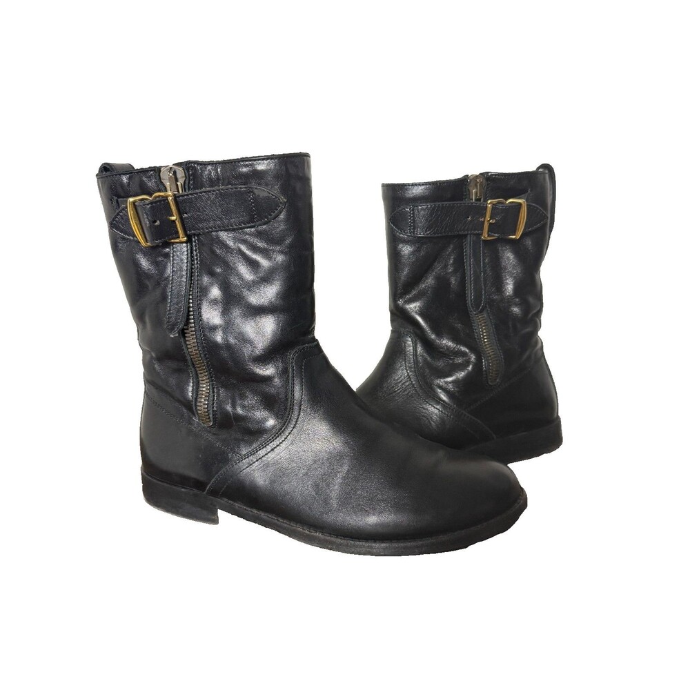 Burberry Black Leather Moto Boots EU 39 Shearling Lined Gold Hardware Italy